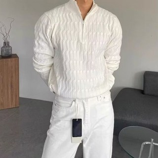 POMTOR 가을 겨울 남자 케이블니트 하이넥 집업 스웨터 머슬핏 어깨넓어보이는 긴팔 꽈배기니트