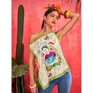 Frida Kahlo X 인상 프린트 비대칭넥 블라우스 953978