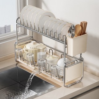 라이프리듬 자동 물빠짐 식기 건조대 미니 설거지 컵 그릇 거치대 정리대, 1세트, 크림화이트, 2단