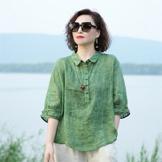 여성 100% 리얼 면린넨 봄 여름 내추럴 패션 빅사이즈 벌룬 소매 칠부소매 라운드넥 블라우스 셔츠 / 통기성 탁월 부드러운 탄력감 남방 스타일