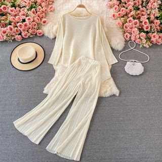 패션 정장 가을 허리 와이드 와이드 레그 바지 여성 Pleated 수직 스트레이트 긴 바지 느슨한 불규칙한 라운드 넥 탑