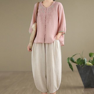 ORZQU 여자 여름 생활한복 자수 오버핏 7부 소매 블라우스 슬랙스 투피스