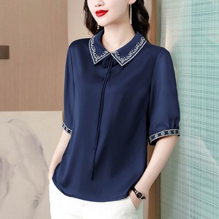 COSYEVNO 아이스실크 쉬폰 셔츠 중장년 엄마옷 여름 고품격 자수 베이비 칼라 루즈핏 상의