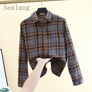 [Sealang]여자 봄 패션 체크 블라우스 루즈핏 귀여운 카라 긴소매 셔츠 vf8zhuo