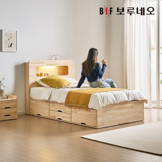 보루네오 코지 4서랍 편백나무침대 원목 수납헤드 슈퍼싱글 본넬매트리스, 내추럴