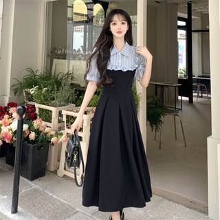 ORZQU 여름 여성 터틀넥 패치워크 투피스 허리 조임 분위기 문예 원피스