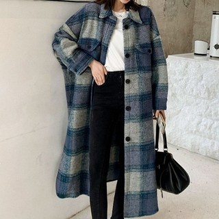 체크 패턴 오버핏 롱 무스탕 셔츠 코트