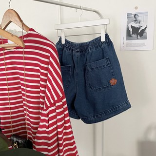 제나 가죽 패치 4부 밴딩 청 반바지 포켓 코튼 데님 숏팬츠 봄 여름 데일리코디 편한바지