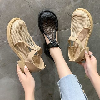 여성샌들 망사 펀칭 패션 여름 통기성 메쉬 통굽 플랫 슈즈 휴양지 샌들 슬립온 구두