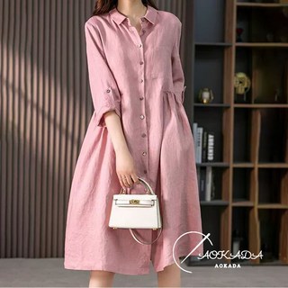 AOKADA 린넨 원피스 루즈핏 일상 통근 엘레강스 순색의 셔츠 스커트