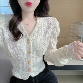BLOWFISH FUGU퍼프소매 스웨터브이넥 레이스 니트 벌룬니트
