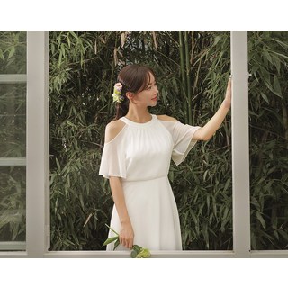 리리앤코 오프넬라 쉬폰 오프숄더 홀터넥 롱 원피스