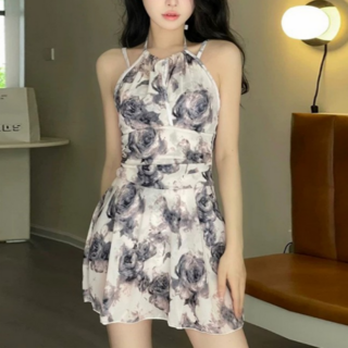 MHJINA 로맨틱 플라워 홀터넥 체형커버 원피스 수영복 비키니 모노키니 일체형바지, 화이트블랙