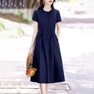 ROYALBELLE 여성 프릴넥 면마 미디 반팔 원피스 캐주얼 빈티지 A라인 플레어 원피스 V032310