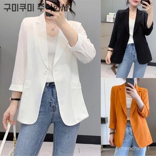 빅사이즈 날씬해보이는 특가상품 간절기 얇은 정장 자켓 여성 봄 여름 편한 고급 무지 심플 숏 루즈핏 쉬폰 7부 자외선차단 캐주얼 패션 데일리 상의 점퍼 잠바, 화이트