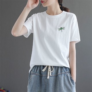 Vezri 자수 디자인 라운드넥 쿨링 소재 반팔 티셔츠 여성용 루즈핏 슬림핏 캐주얼 상의 Aee