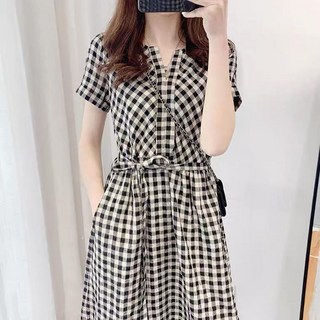 지고다그 여성 체크 반팔 롱원피스 여름 빅사이즈 허리슬림 A라인 통통녀 체형커버 편안한 데일리룩 ZK4011