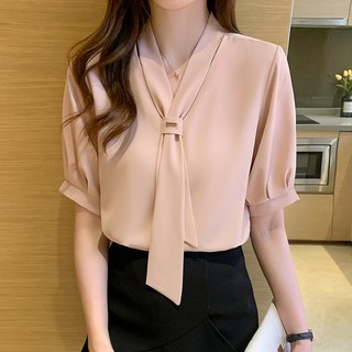 JIEVE 쉬폰 오피스룩 반팔 셔츠 블라우스 여성 봄 여름 가을 ZL042642