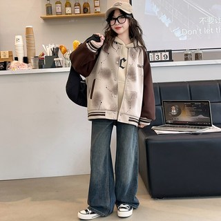 비비키드 초등생 Hello 나염 야구점퍼 긴팔 상의 초중생 주니어 여아 봄 가을 초등생 점퍼 (T430)