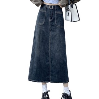 쟈오시 여성 데일리 캐주얼 뒤트임 하이웨이스트 롱 A라인 데님 스커트