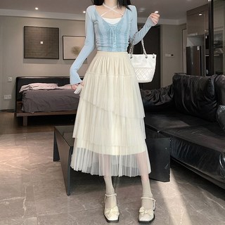 AOKADA 롱 캉캉 샤 스커트 플레어 A라인 치마