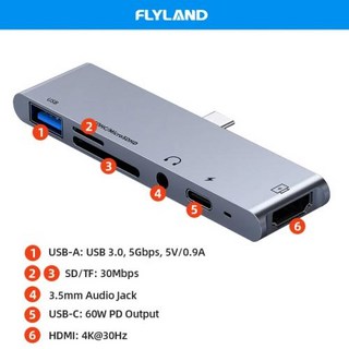 Flyland 아이패드용 USB 허브 4K HDMI 호환 C타입 어댑터 마그네틱 거치대 포함 60W PD USB 3.0 동글 아이패드 프로 에어용 6 인 1, USB Hub, 1개
