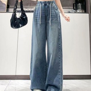 AOKADA 여성 와이드 데님 팬츠 밴딩 하이웨스트 일자 통청바지