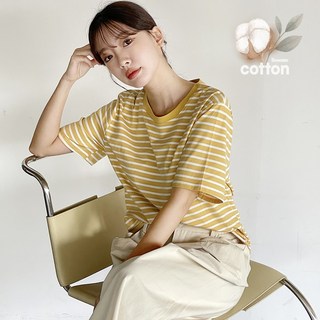물론 여성용 라운드넥 스트라이프 코튼 반팔 티셔츠
