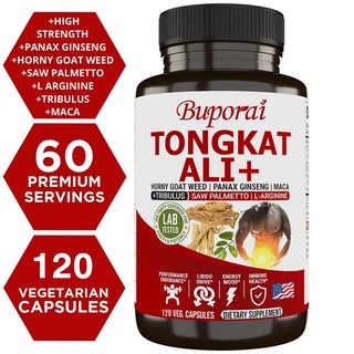 통캇 알리 500mg - 마카 뿌리 호르니 고트 위드 파낙스 인삼 쏘 팔메토 트리불루스 L 아르기닌 (120개 식물성 캡슐), 1개, 120정