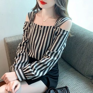 ROYALBELLE 여성 스트라이프 긴팔 블라우스 패션 독창적 어깨 트임 매력적인 블라우스 F0031409