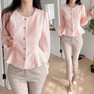 비비디아 2025 봄 가을 여성 트위드 자켓 하객룩 허리 라인 강조 자켓 라운드 넥 자켓 오피스룩 5471