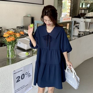 싱싱덴덩 원피스 여름 루즈핏 솔리드 퍼프소매 리본끈 패션 미니원피스