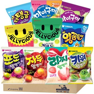 [블루존] 오리온 젤리 10종 세트 (마이구미포도+마이구미백황+포도알맹이+자두알맹이+키위알맹이+리찌알맹이+왕꿈틀이+더탱글+젤리셔스청포도+핵짱셔), 67g, 1개