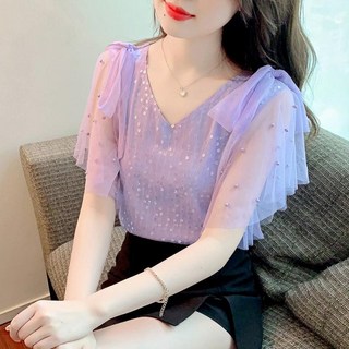 라엔 여성 여름 쉬폰 반팔 댄스복, 퍼플