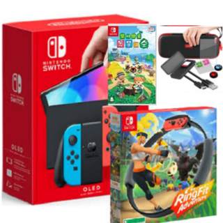 닌텐도 스위치 OLED 한국닌텐도 정품+동물의숲게임타이틀+링피트 어드벤처 3종 풀세트, 색상:닌텐도 OLED스위치 네온