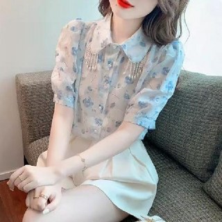 얇고 부드러운 쉬폰 블라우스 여성 프린트 카라 셔츠