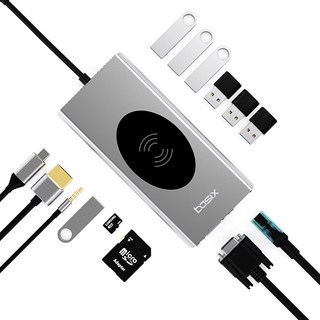 무선충전 C타입 15in1 멀티허브 PD HDMI AUX TF SD VGA USB3.0, 단품