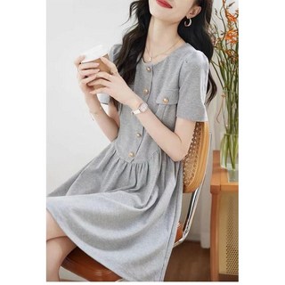 엔티랄라 여름 여성 원피스 하프 기장 키 작은 공주 스커트 A라인 스커트 라운드넥 반팔 서양풍 루즈핏 날씬해 보이는 단추 디자인 폴리 원단 스타일리시한 보기 좋은 편안한 트렌