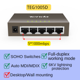 Tenda 기가비트 이더넷 스위치 네트워크 전이중 데스크탑 6KV 빠른 보호 8 포트 10 100 1000Mbps 5 8/16, Metal 1000M 5port, 1개