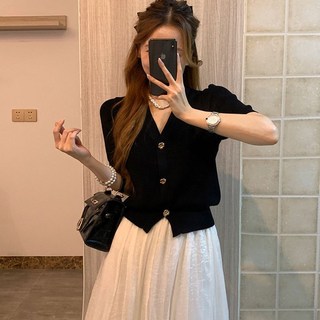 여성 여름 반팔 정장 자켓 여자 패션 소향풍 브이넥 니트 반팔 카디건 캐주얼 기질 코트 슬림핏 트위드 상의 YMY