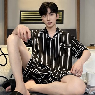 크레스티 남성용 루즈핏 냉감 반팔 잠옷 상하의 세트 줄무늬 실크핏 카라 홈웨어 파자마