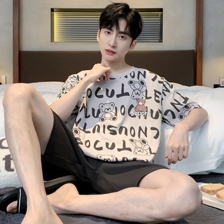 BIKASU 남성 여름 반팔 잠옷 세트 편안한 곰돌이 파자마 빅사이즈 홈웨어 실내복