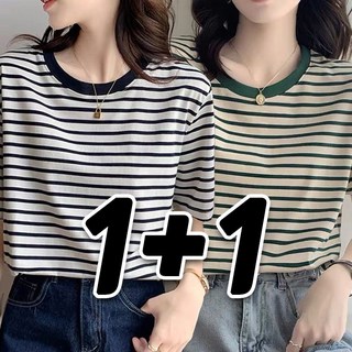 1+1 여성 스트라이프 반팔 티셔츠 데일리 패션 루즈핏 라운드넥 여름 슬림핏 캐주얼 반팔티
