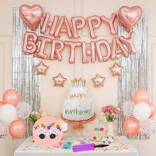 연지마켓 생일풍선 생일파티용품 세트, 해피 로즈골드B(손펌프)