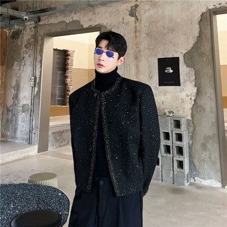 FANSYLI 남자 트위드 재킷 춘추경량 럭셔리 고급스러운 노칼라 코트 반짝이 모직 양복 상의0204K39