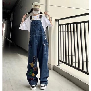 미스타일 빈티지 ins 중공 염계 하이 스트리트 데님 영문 자수 멜빵바지 여 쁘띠 키 힙합 점프슈트