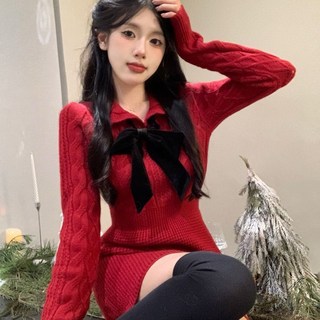 세계일주 새해 크리스마스 니트 원피스 여성 레드 스커트 Lyq40