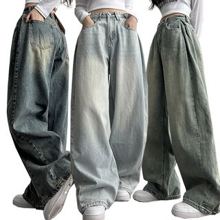 여성 기장수선NO![숏 롱/S~XL] 힙무드 벌룬핏 사이드 절개라인 와이드핏 워싱 데님팬츠 세미와이드 청바지 5color 67번