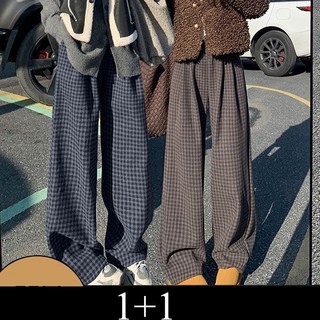 1+1 춘추 캐주얼 팬츠 여성 패션 체크 와이드 팬츠 봄가을 빈티지 일자 하이웨스트 바지 SJS