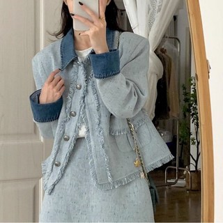 PETITBATH 여성 데님배색 체인 진주버튼 자켓 페미닌 데일리룩 베이직 아이템 20250806 wt WH 4944